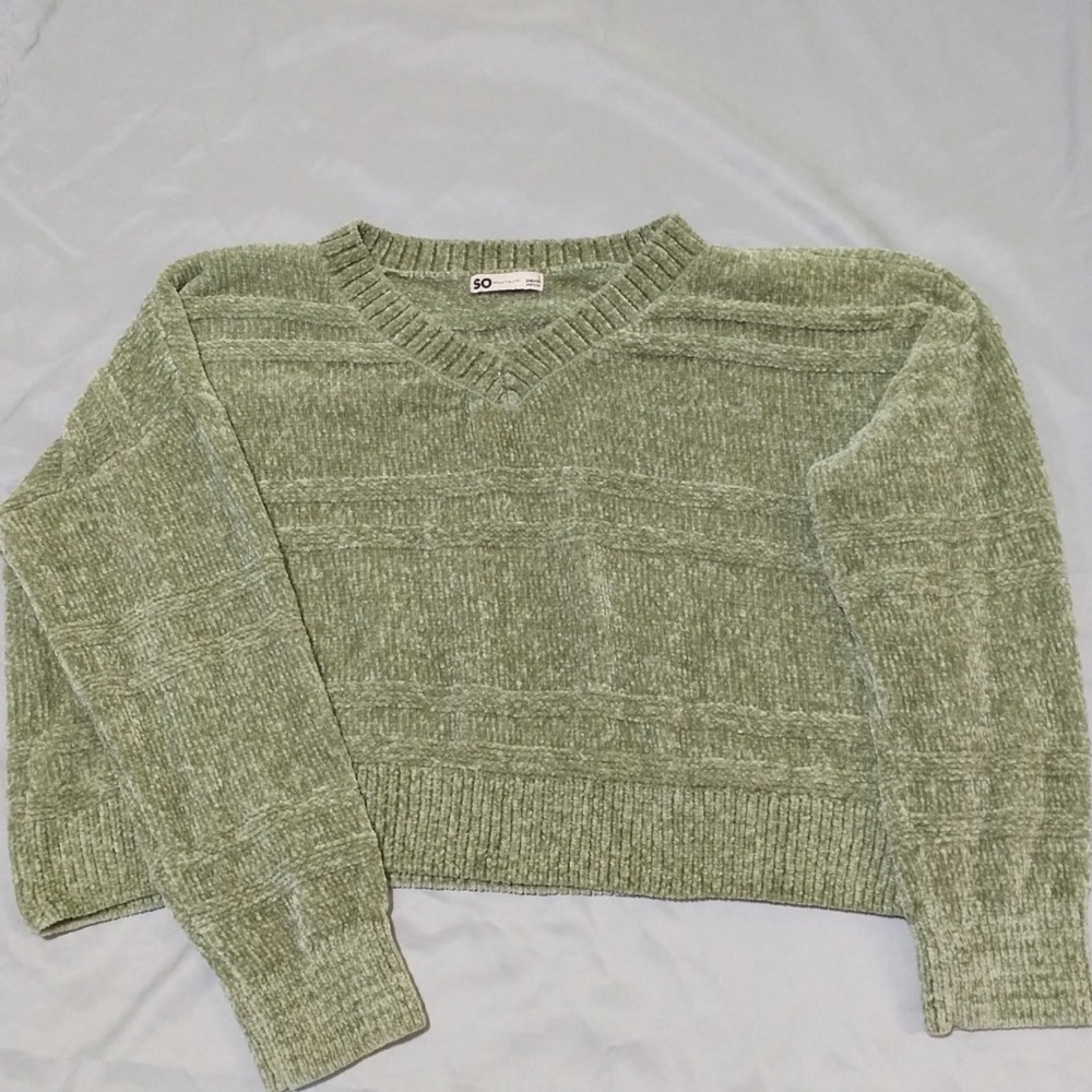 Cozy Green Cropped Oversized Sweater Chenille Drop Shoulder